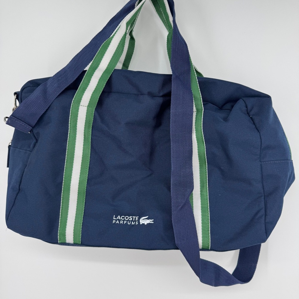 Lacoste Parfums Navy Blue Duffel Bag Green White Striped Canvas Travel Gym Bag